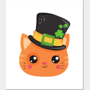 Saint Patrick's Day Cat, Orange Cat, Lucky Clovers Posters and Art